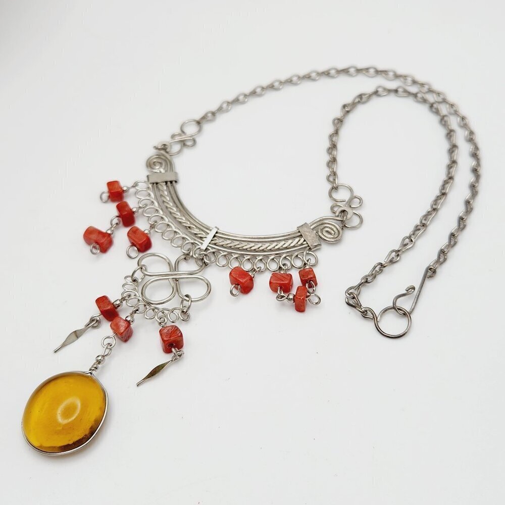 Vintage Peruvian Wire Wrap Amber Glass & Red Jasper Boho Silver Tone Necklace